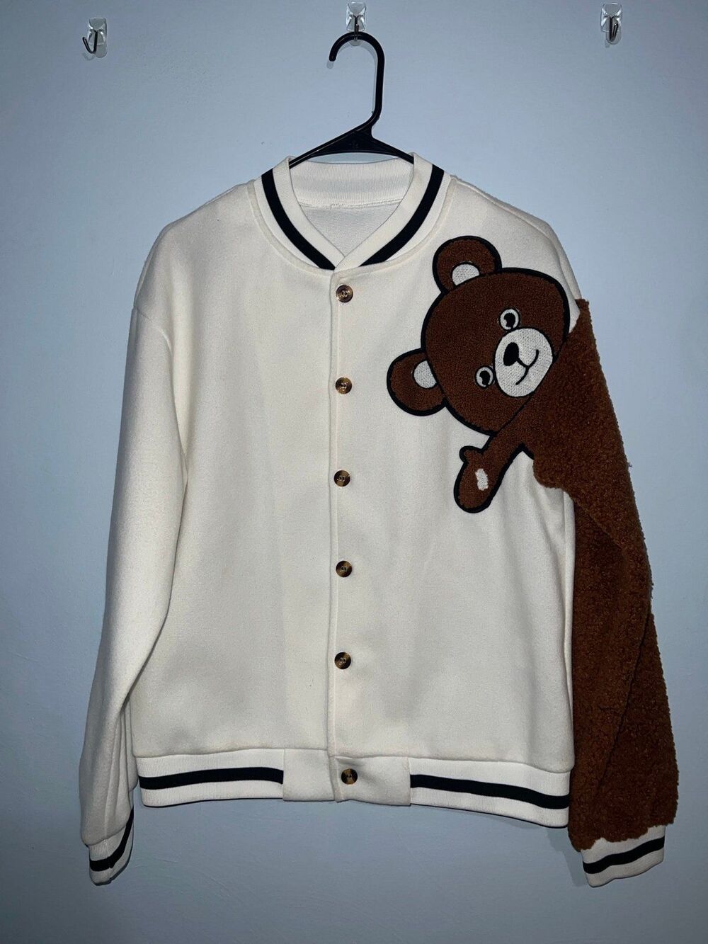 SHEIN White Crewneck Bear Patched Teddy Panel Varsity Sweater